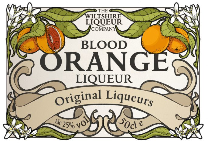 The Wiltshire Liqueur Company front label for Blood Orange Liqueur 50cl.