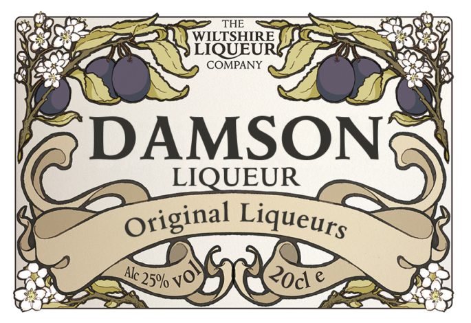 The Wiltshire Liqueur Company front label for Damson Liqueur 20cl.