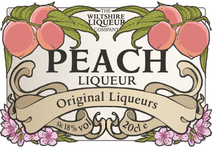 The Wiltshire Liqueur Company front label for Peach Liqueur 20cl.