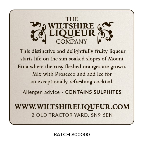 The Wiltshire Liqueur Company back label featuring ingredients and allergens for Blood Orange Liqueur 20cl.