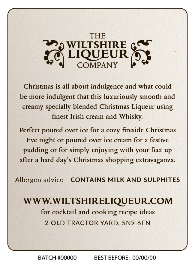 The Wiltshire Liqueur Company back label featuring ingredients and allergens for Christmas Cream Liqueur 50cl.