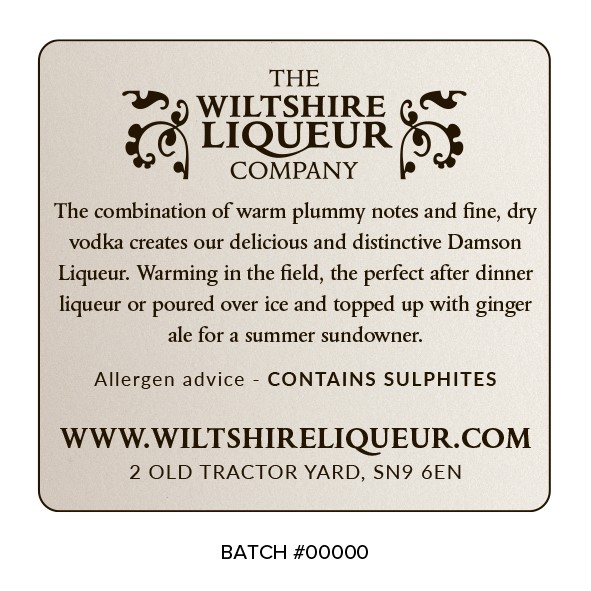The Wiltshire Liqueur Company back label featuring ingredients and allergens for Damson Liqueur 20cl.