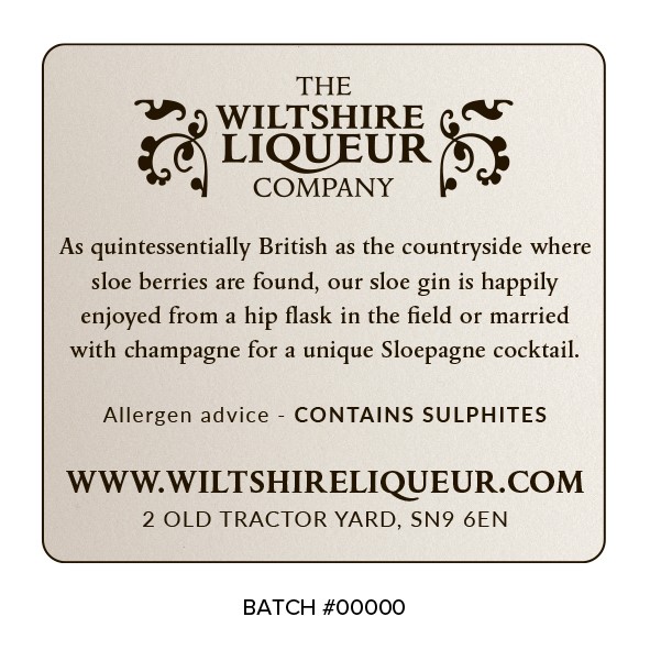 The Wiltshire Liqueur Company back label featuring ingredients and allergens for Sloe Gin 20cl.