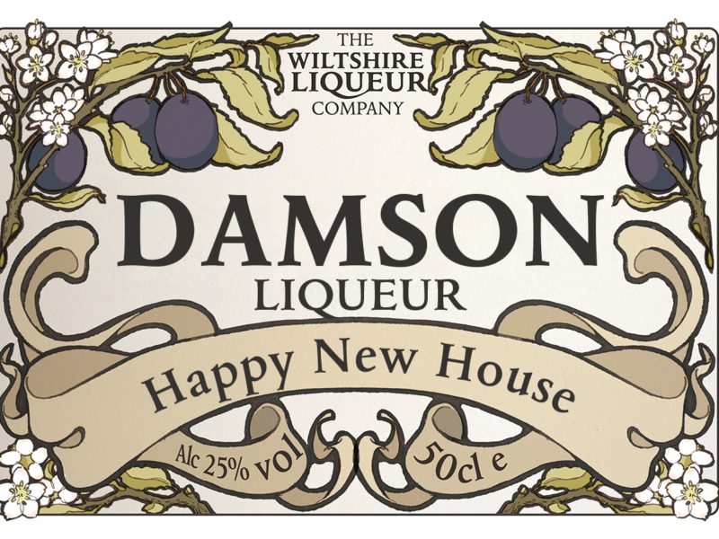 A personalised label for The Wiltshire Liqueur Company's Damson Liqueur, reads: 'happy new house.'